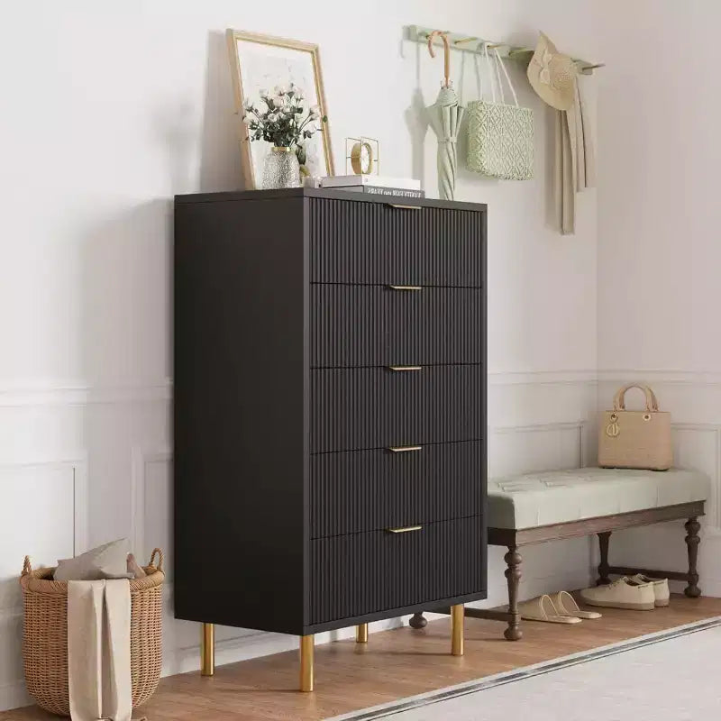 Commode de chambre moderne à 5 tiroirs avec poignée dorée et grand tiroir, double commode en bois et organisateur de rangement