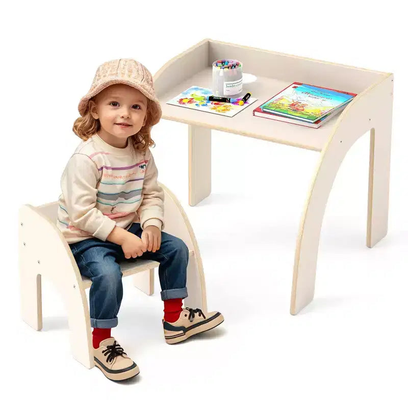 Ensemble Table et 2 Chaises Enfants, Meuble En Bois Massif, Bureau pour Enfant, Hauteur Appropriée, Naturel/Blanc