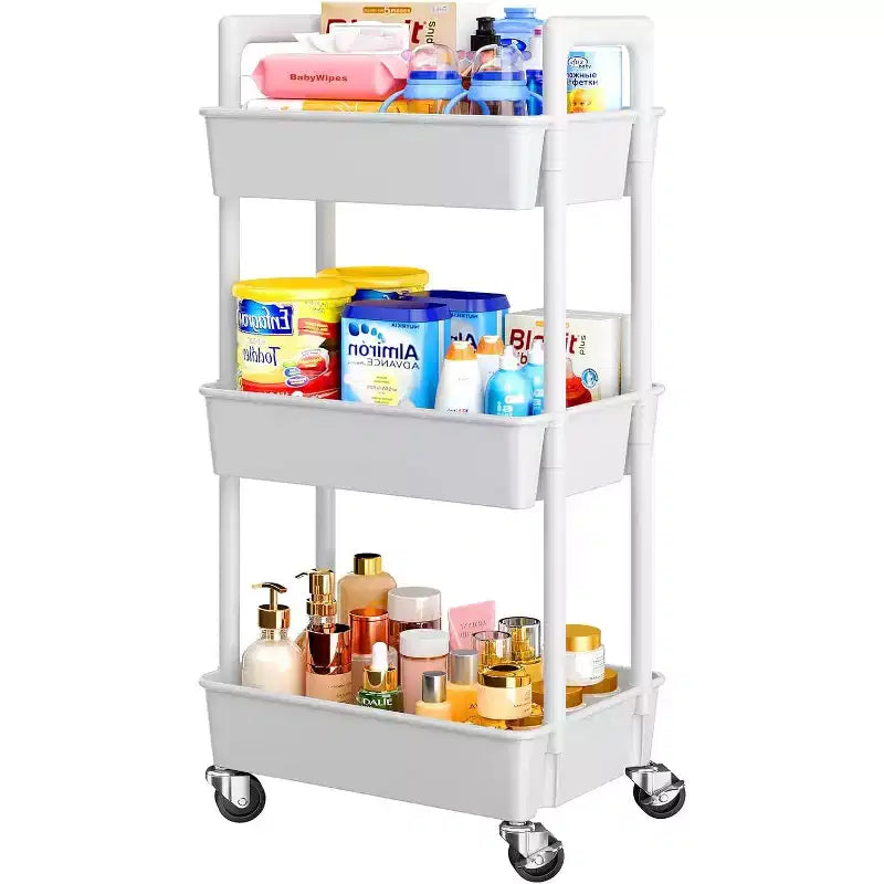 Pipishell 3-Tier Rolling Cart Organizer - Lightweight Plastic Storage Cart with Lockable Wheels & Handle for Nursery, Kitchen, Bathroom, Craft Room
