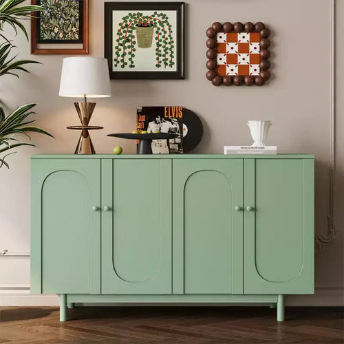 59W 4-Door Sideboard Storage Cabinet Buffet Accent Cabinet Console Table with Intaglio Doors and Adjustable Shelves, White/Mint Green-ModernLuxe