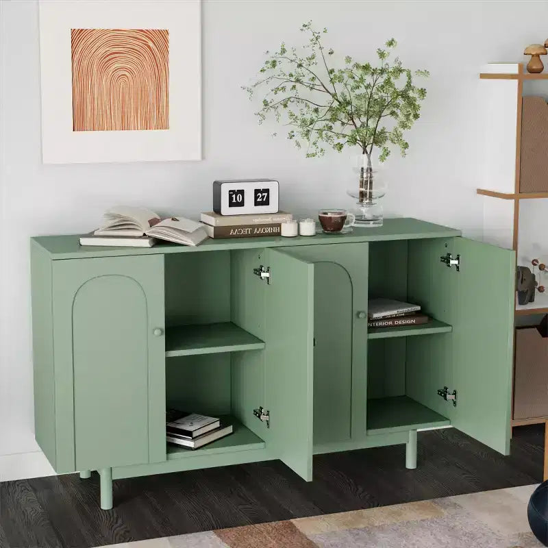 Buffet de rangement à 4 portes 59W avec portes intaglio et étagères réglables, blanc/vert menthe - ModernLuxe