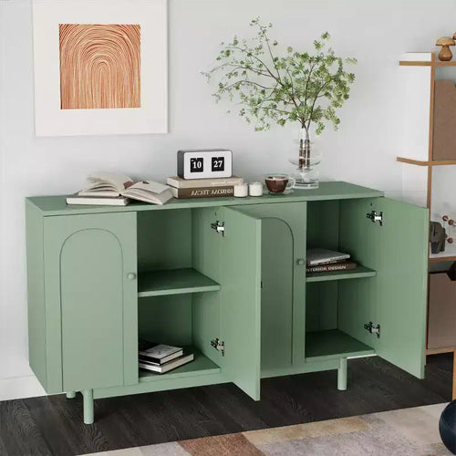 Buffet de rangement à 4 portes 59W avec portes intaglio et étagères réglables, blanc/vert menthe - ModernLuxe