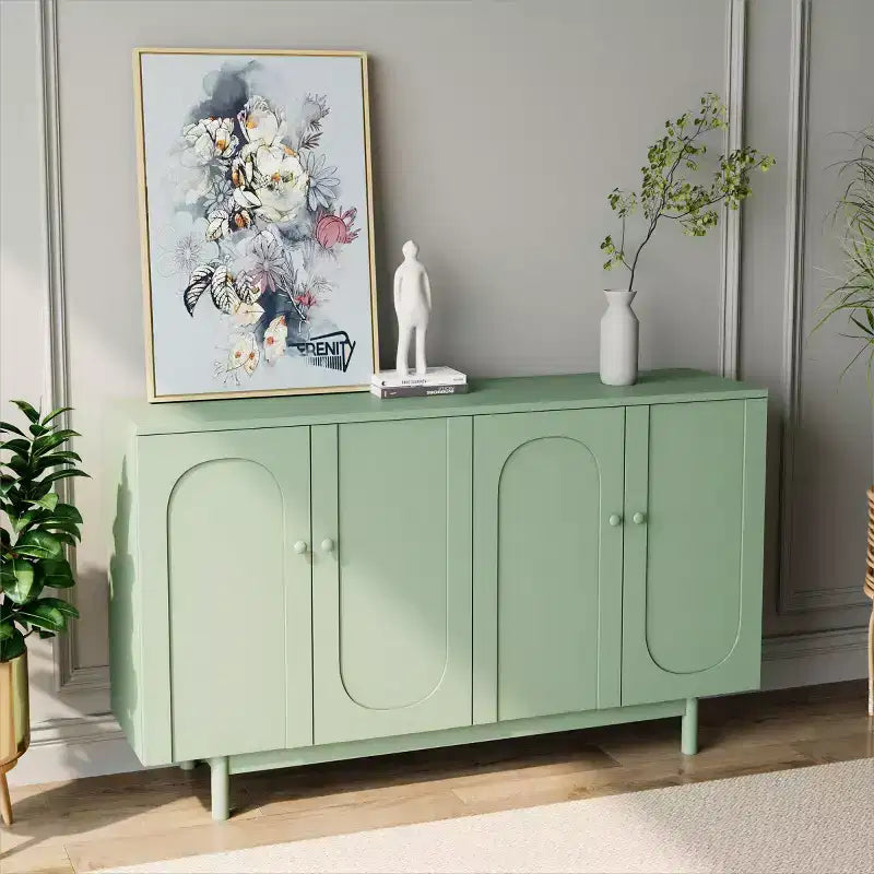 Buffet de rangement à 4 portes 59W avec portes intaglio et étagères réglables, blanc/vert menthe - ModernLuxe