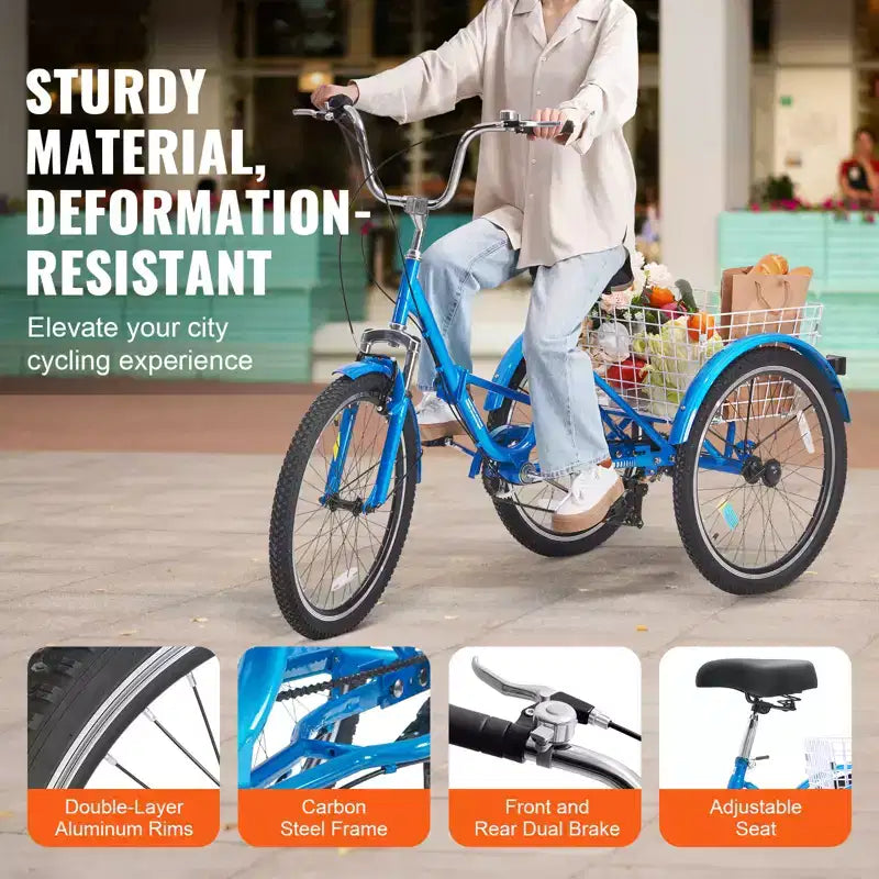 VEVOR Tricycle pliant adulte, Tricycle pliant adulte 24 pouces 7 vitesses, Vélo à 3 roues en acier au carbone avec panier et siège réglable