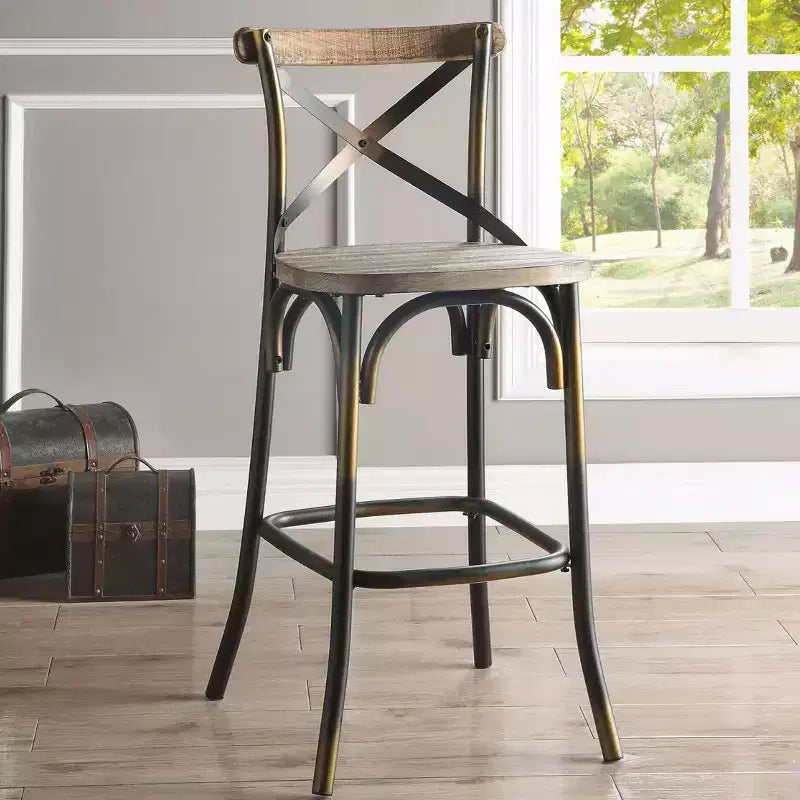 Chaise de bar en métal et bois avec dossier en X