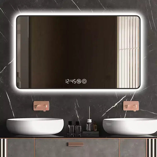 Miroir mural cadre noir 48x32 : Angles arrondis, affichage de la température, lumière tricolore, désembuage, verre trempé haute définition