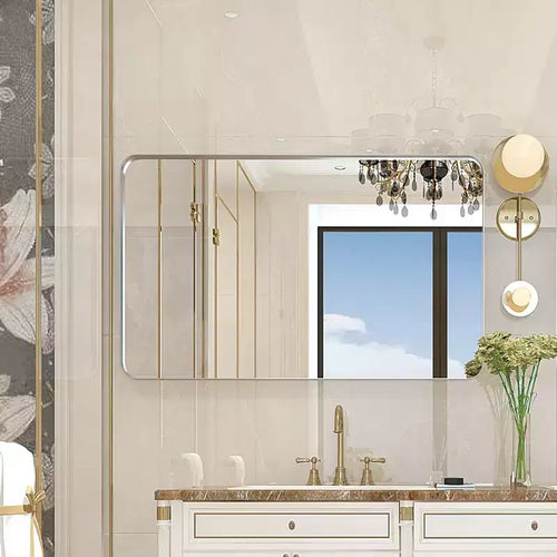 36x30 Glossy Brushed Silver Rectangular Mirror: Rounded Corners, Metal Frame, Wall Mount, Home Decor