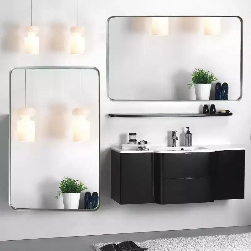 Miroir rectangulaire argent brossé brillant 36x30 : Coins arrondis, Cadre en métal, Fixation murale, Décoration intérieure