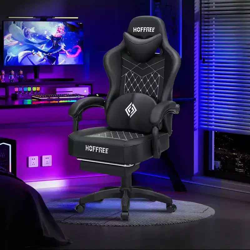 Fauteuil de jeu de massage en cuir Hoffree, chaise de bureau ergonomique pour PC avec repose-pieds et réglable