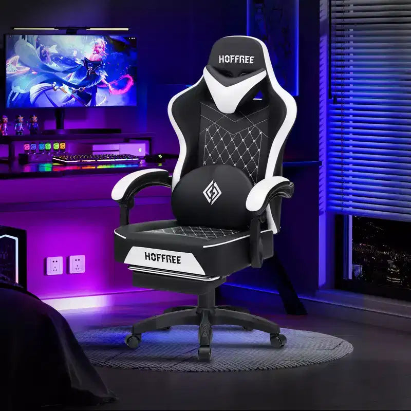 Fauteuil de jeu de massage en cuir Hoffree, chaise de bureau ergonomique pour PC avec repose-pieds et réglable