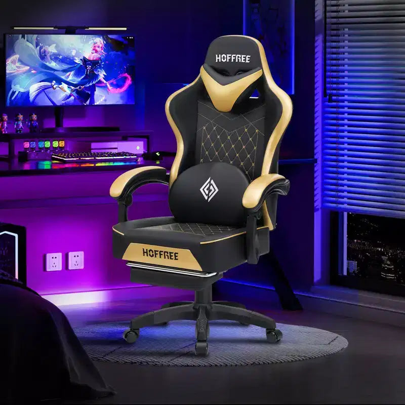 Fauteuil de jeu de massage en cuir Hoffree, chaise de bureau ergonomique pour PC avec repose-pieds et réglable