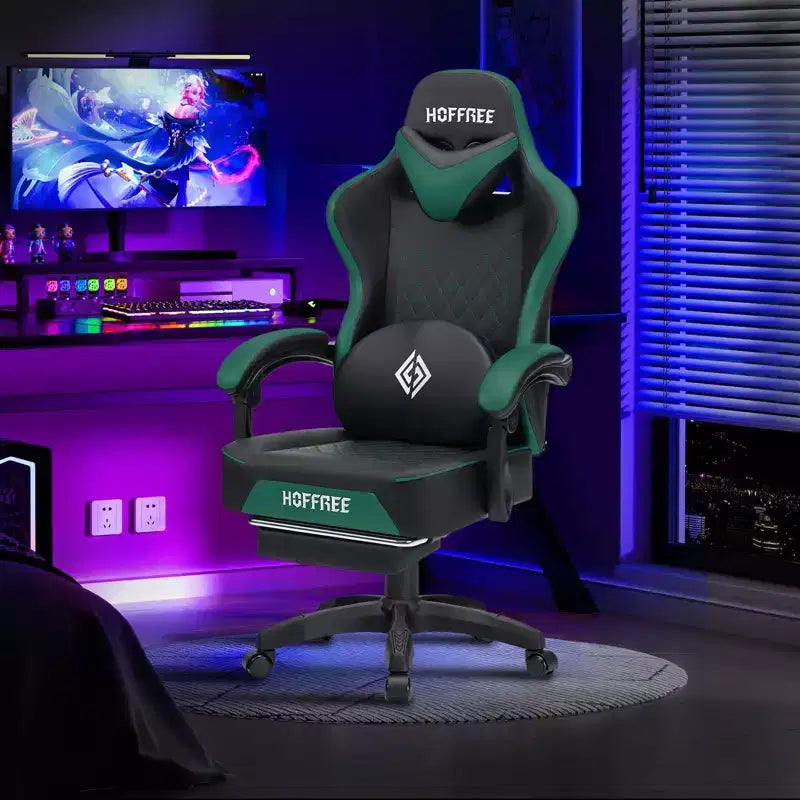 Fauteuil de jeu de massage en cuir Hoffree, chaise de bureau ergonomique pour PC avec repose-pieds et réglable