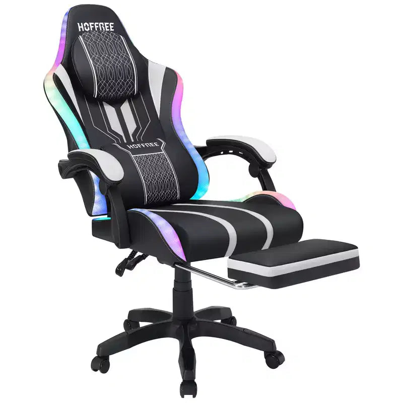 Chaise de jeu massante extra large Hoffree, chaise de bureau PC ergonomique avec haut-parleur Bluetooth et lumière RVB