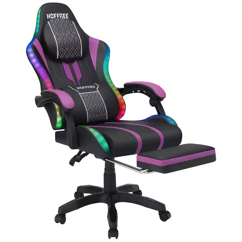 Chaise de jeu massante extra large Hoffree, chaise de bureau PC ergonomique avec haut-parleur Bluetooth et lumière RVB