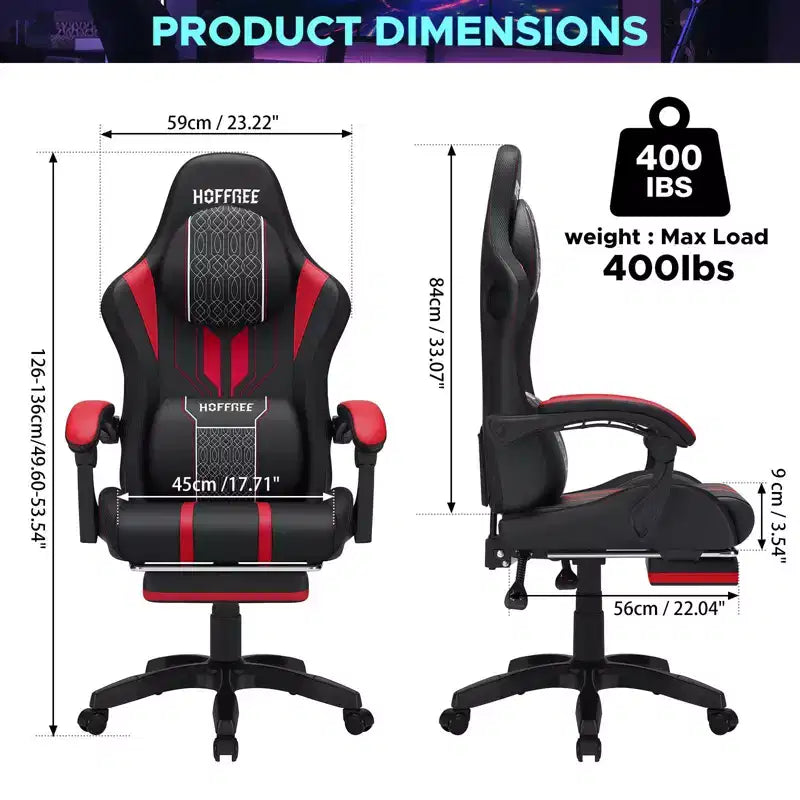 Chaise de jeu massante extra large Hoffree, chaise de bureau PC ergonomique avec haut-parleur Bluetooth et lumière RVB