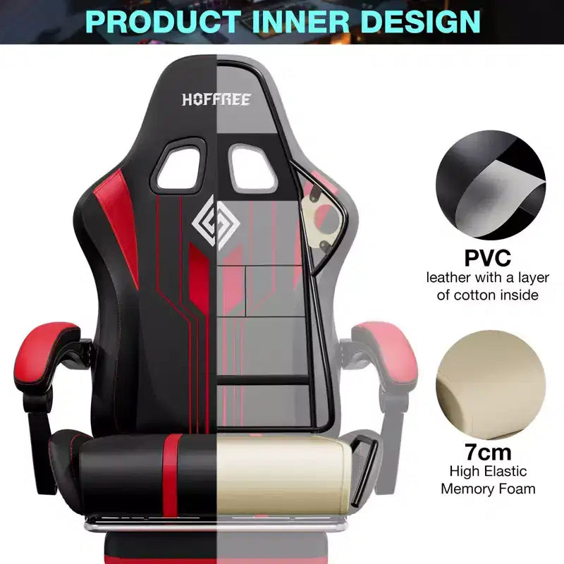 Chaise de jeu massante extra large Hoffree, chaise de bureau PC ergonomique avec haut-parleur Bluetooth et lumière RVB