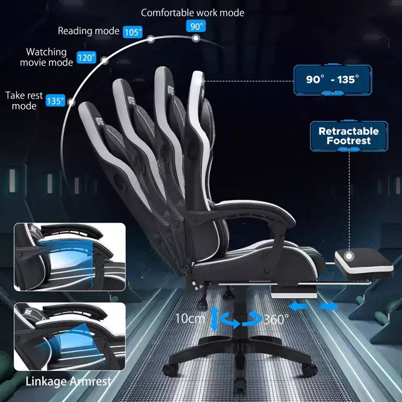 Chaise de jeu massante extra large Hoffree, chaise de bureau PC ergonomique avec haut-parleur Bluetooth et lumière RVB