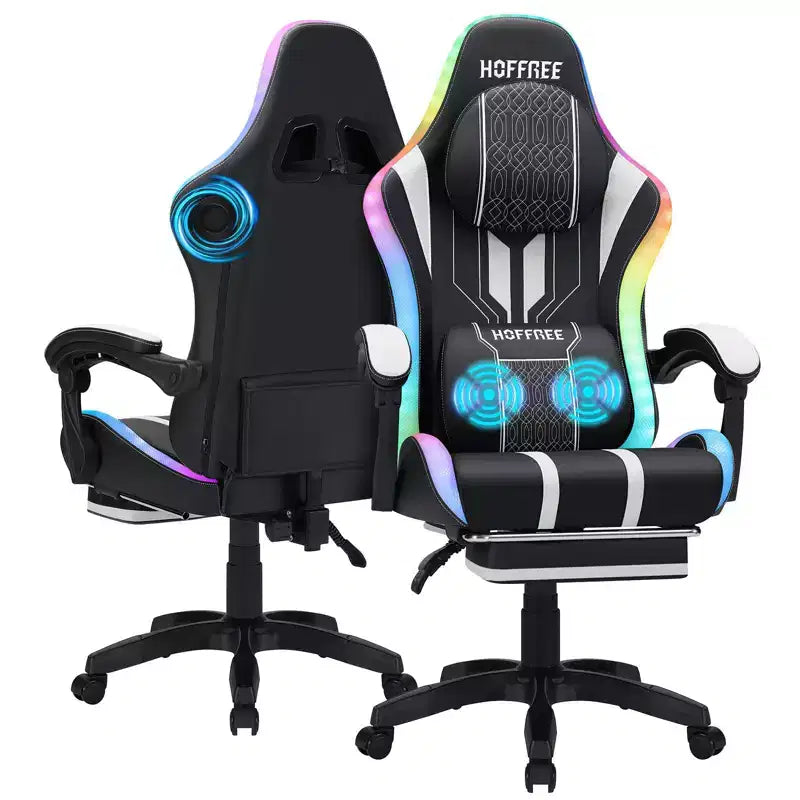 Chaise de jeu massante extra large Hoffree, chaise de bureau PC ergonomique avec haut-parleur Bluetooth et lumière RVB