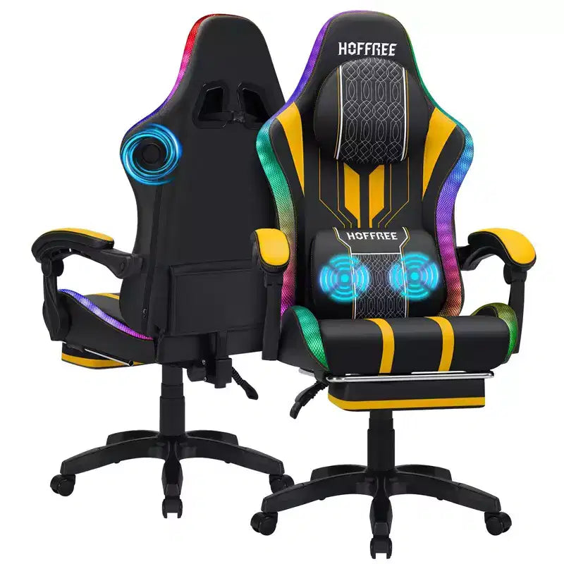 Chaise de jeu massante extra large Hoffree, chaise de bureau PC ergonomique avec haut-parleur Bluetooth et lumière RVB