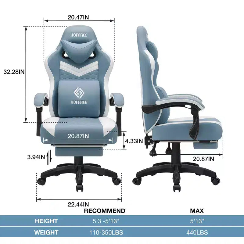 Chaise de jeu massante Hoffree en tissu respirant Chaise de bureau PC ergonomique avec repose-pieds et réglable