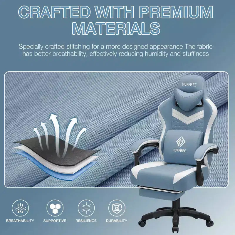 Chaise de jeu massante Hoffree en tissu respirant Chaise de bureau PC ergonomique avec repose-pieds et réglable