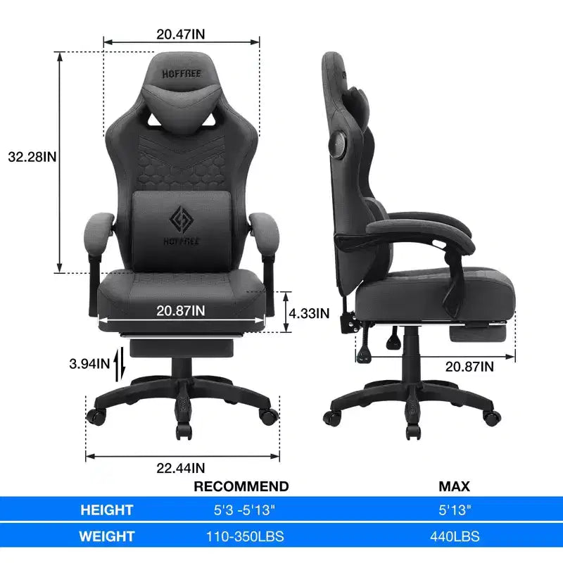 Chaise de jeu massante Hoffree en tissu respirant Chaise de bureau PC ergonomique avec repose-pieds et réglable