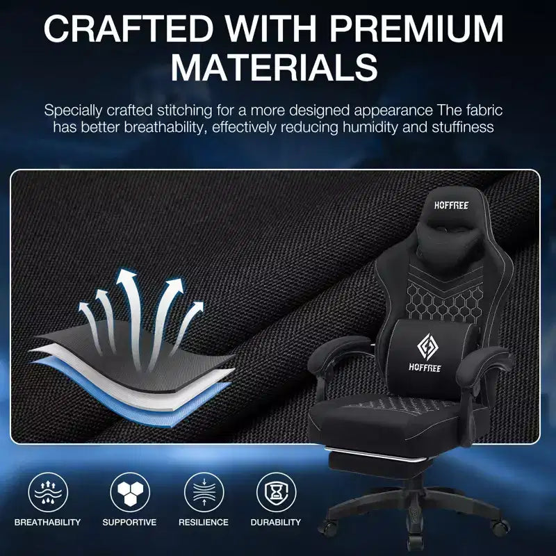 Chaise de jeu massante Hoffree en tissu respirant Chaise de bureau PC ergonomique avec repose-pieds et réglable