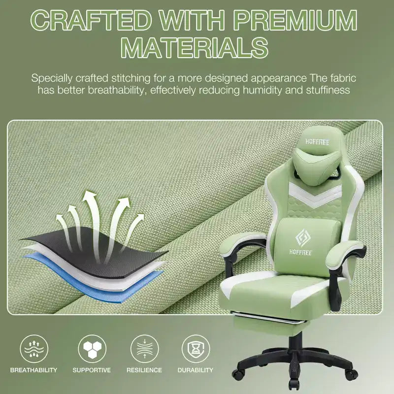 Chaise de jeu massante Hoffree en tissu respirant Chaise de bureau PC ergonomique avec repose-pieds et réglable