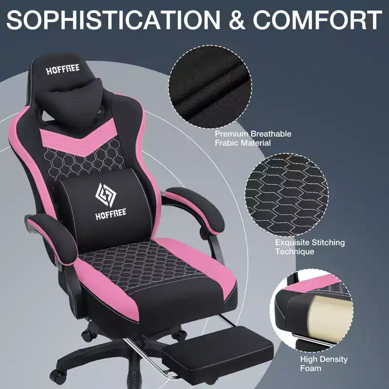 Chaise de jeu massante Hoffree en tissu respirant Chaise de bureau PC ergonomique avec repose-pieds et réglable