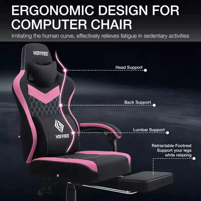 Chaise de jeu massante Hoffree en tissu respirant Chaise de bureau PC ergonomique avec repose-pieds et réglable