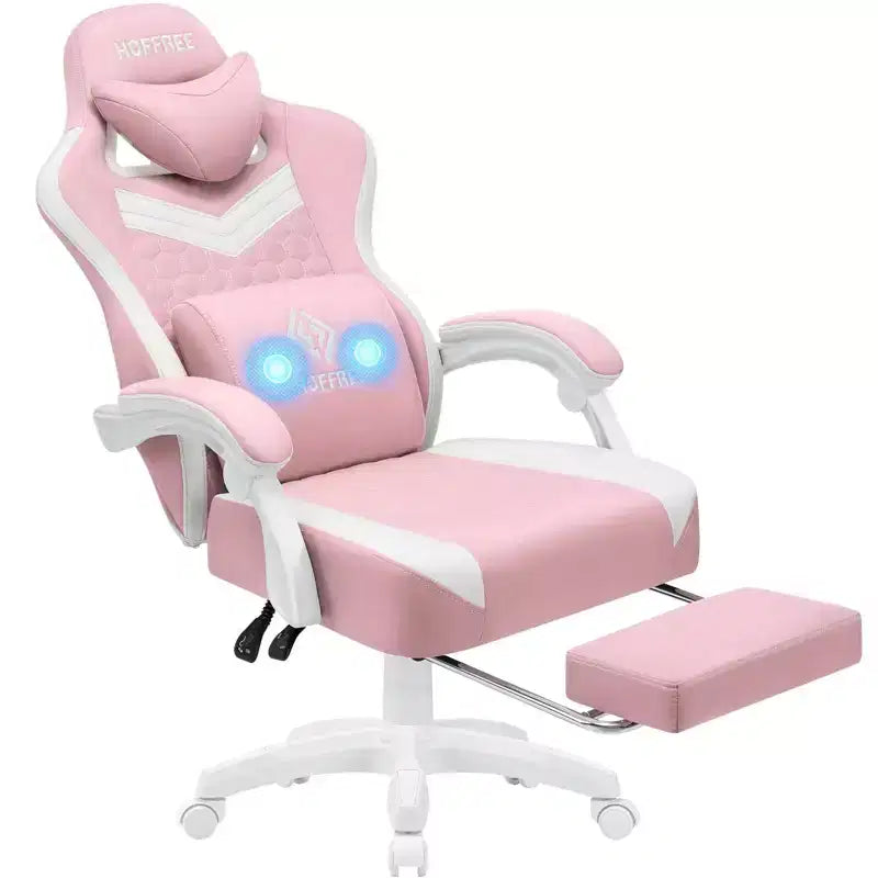 Chaise de jeu massante Hoffree en tissu respirant Chaise de bureau PC ergonomique avec repose-pieds et réglable
