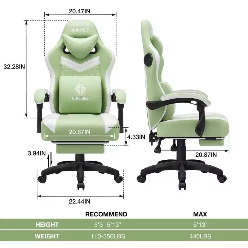 Hoffree Chaise de massage de jeu en tissu respirant Chaise de bureau PC ergonomique avec haut-parleur Bluetooth et repose-pieds