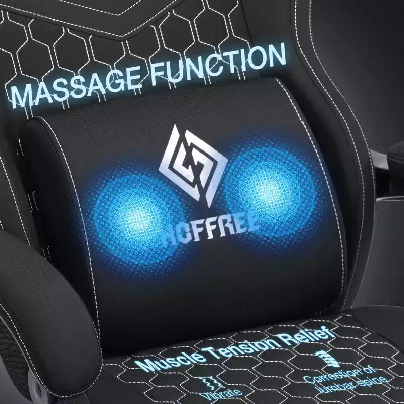 Hoffree Chaise de massage de jeu en tissu respirant Chaise de bureau PC ergonomique avec haut-parleur Bluetooth et repose-pieds