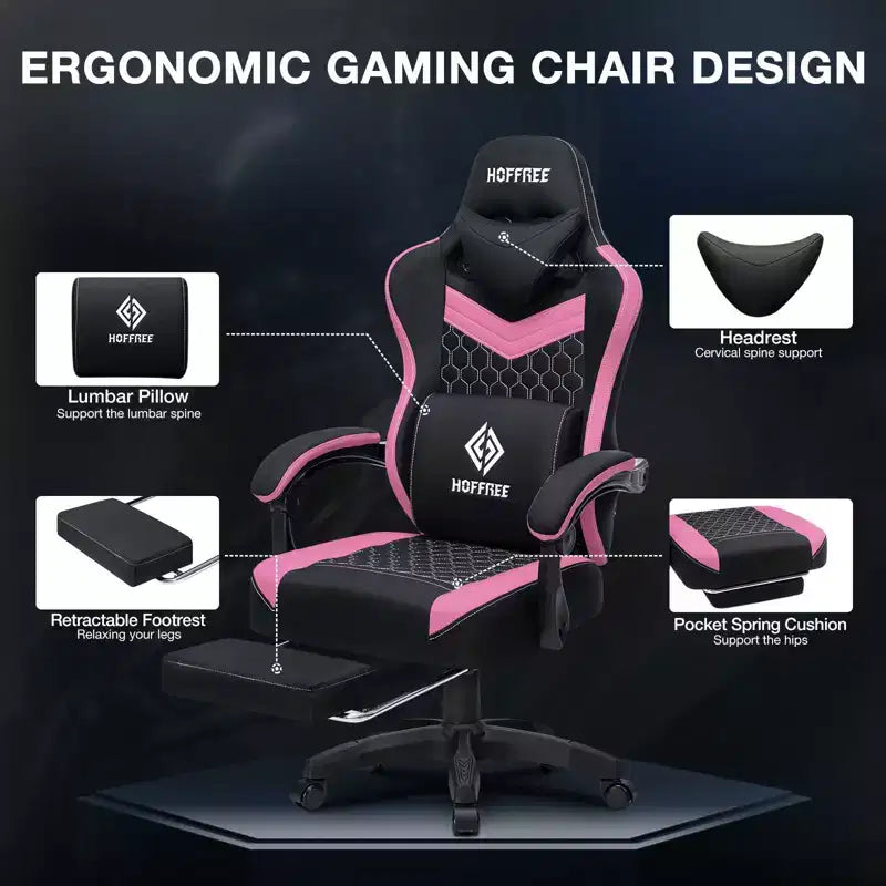 Hoffree Chaise de massage de jeu en tissu respirant Chaise de bureau PC ergonomique avec haut-parleur Bluetooth et repose-pieds