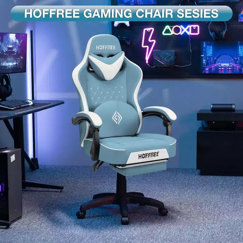 Fauteuil de bureau gaming en cuir Hoffree avec massage, ergonomique, et haut-parleur Bluetooth et repose-pieds