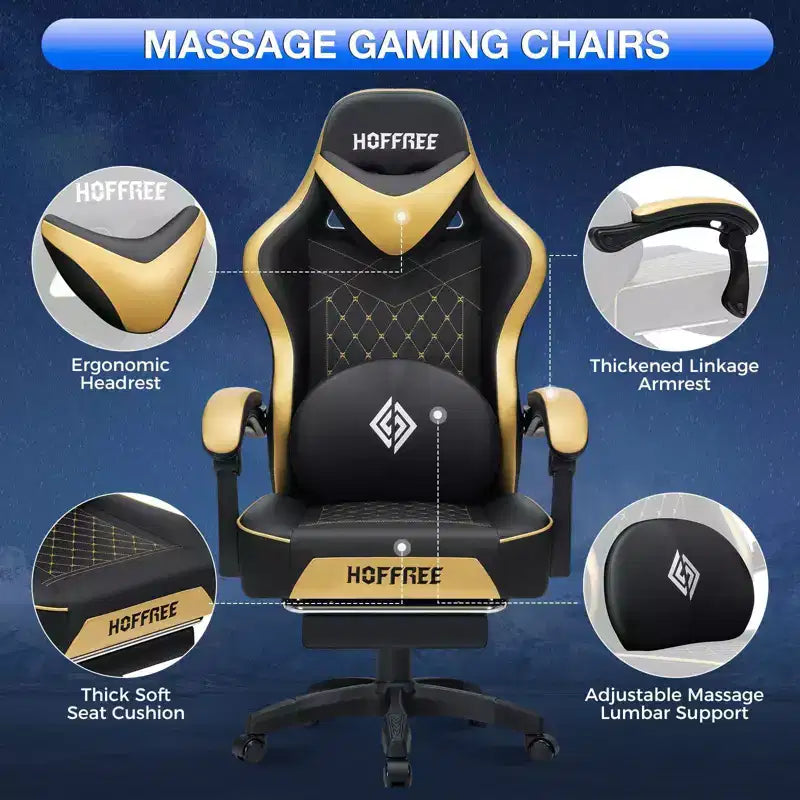 Fauteuil de bureau gaming en cuir Hoffree avec massage, ergonomique, et haut-parleur Bluetooth et repose-pieds
