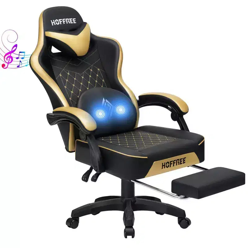 Fauteuil de bureau gaming en cuir Hoffree avec massage, ergonomique, et haut-parleur Bluetooth et repose-pieds