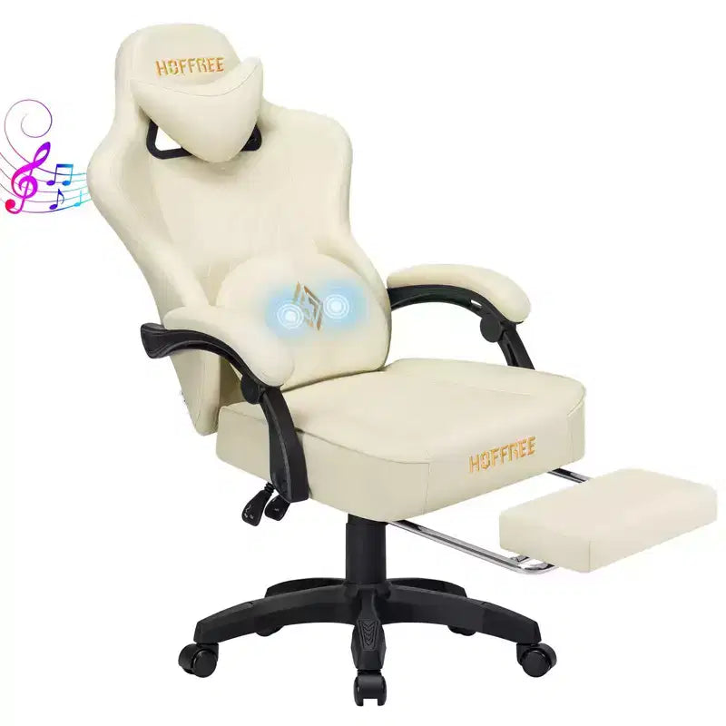 Fauteuil de bureau gaming en cuir Hoffree avec massage, ergonomique, et haut-parleur Bluetooth et repose-pieds