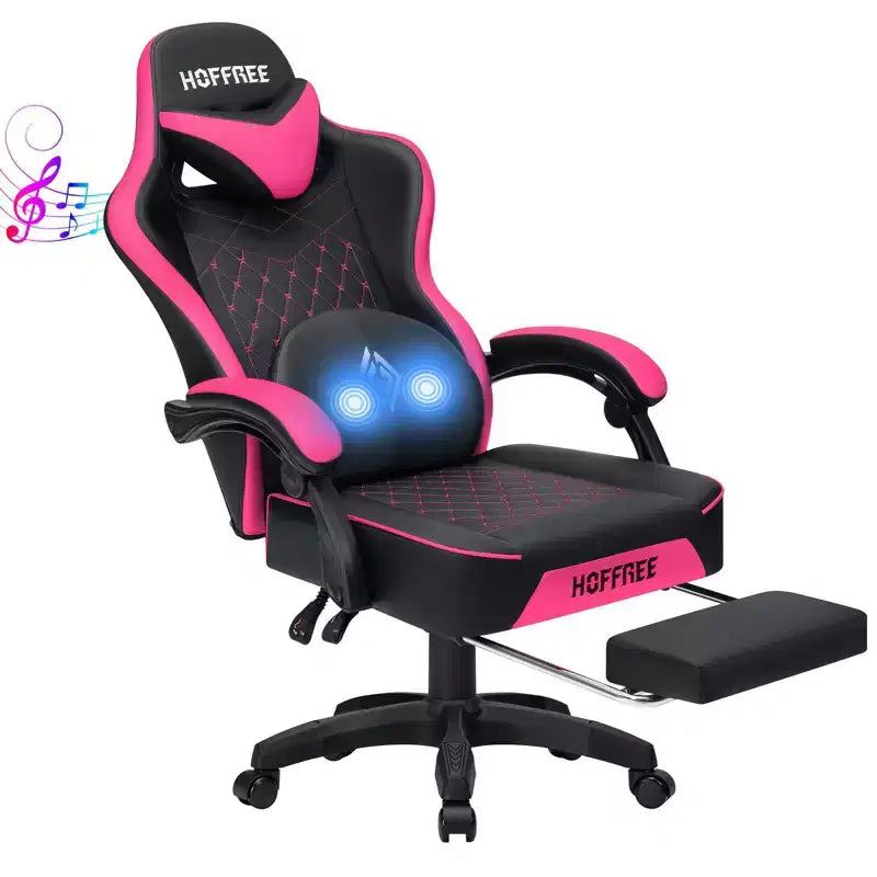 Fauteuil de bureau gaming en cuir Hoffree avec massage, ergonomique, et haut-parleur Bluetooth et repose-pieds