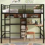 Whisen 77.2''L x 56''W Modern Full Size Metal & Wood Loft Bed with L-shaped Desk and Shelves, Multifunctional Design - Black & Walnut