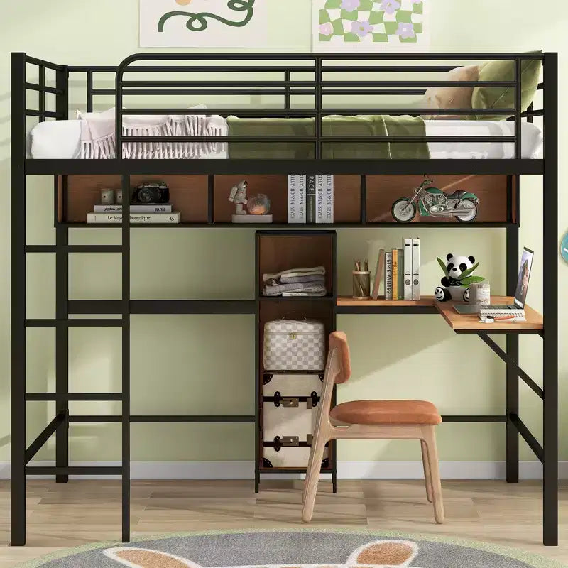 Whisen 77.2''L x 56''W Modern Full Size Metal & Wood Loft Bed with L-shaped Desk and Shelves, Multifunctional Design - Black & Walnut