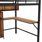 Whisen Lit mezzanine moderne en métal et bois, taille double, 77,2 po L x 56 po l, avec bureau en forme de L et étagères, design multifonctionnel - Noir et Noyer