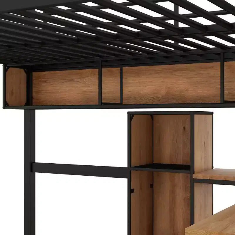 Whisen Lit mezzanine moderne en métal et bois, taille double, 77,2 po L x 56 po l, avec bureau en forme de L et étagères, design multifonctionnel - Noir et Noyer