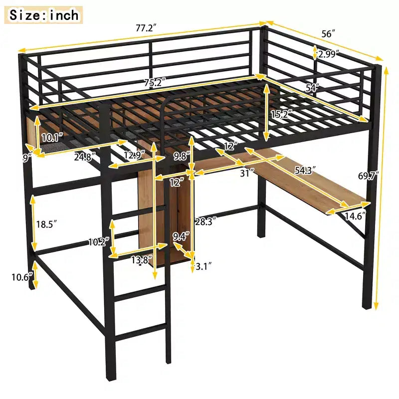 Whisen Lit mezzanine moderne en métal et bois, taille double, 77,2 po L x 56 po l, avec bureau en forme de L et étagères, design multifonctionnel - Noir et Noyer