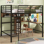 Whisen Lit mezzanine moderne en métal et bois, taille double, 77,2 po L x 56 po l, avec bureau en forme de L et étagères, design multifonctionnel - Noir et Noyer
