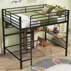 Whisen Lit mezzanine moderne en métal et bois, taille double, 77,2 po L x 56 po l, avec bureau en forme de L et étagères, design multifonctionnel - Noir et Noyer