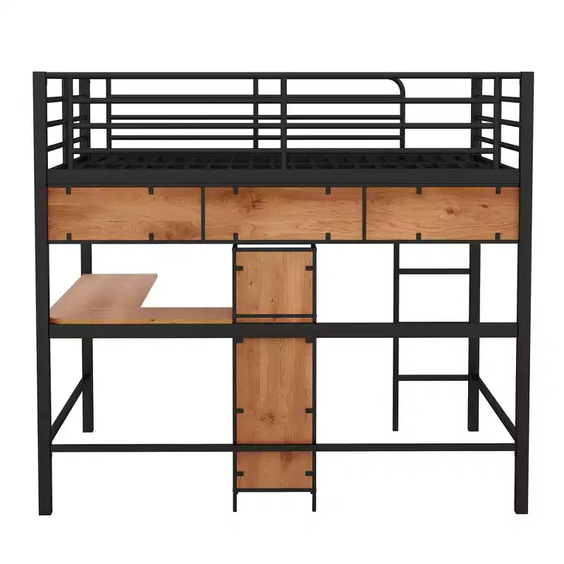 Whisen Lit mezzanine moderne en métal et bois, taille double, 77,2 po L x 56 po l, avec bureau en forme de L et étagères, design multifonctionnel - Noir et Noyer