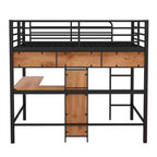 Whisen Lit mezzanine moderne en métal et bois, taille double, 77,2 po L x 56 po l, avec bureau en forme de L et étagères, design multifonctionnel - Noir et Noyer