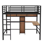 Whisen Lit mezzanine moderne en métal et bois, taille double, 77,2 po L x 56 po l, avec bureau en forme de L et étagères, design multifonctionnel - Noir et Noyer