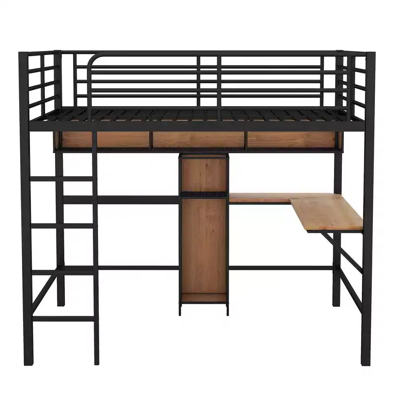 Whisen Lit mezzanine moderne en métal et bois, taille double, 77,2 po L x 56 po l, avec bureau en forme de L et étagères, design multifonctionnel - Noir et Noyer